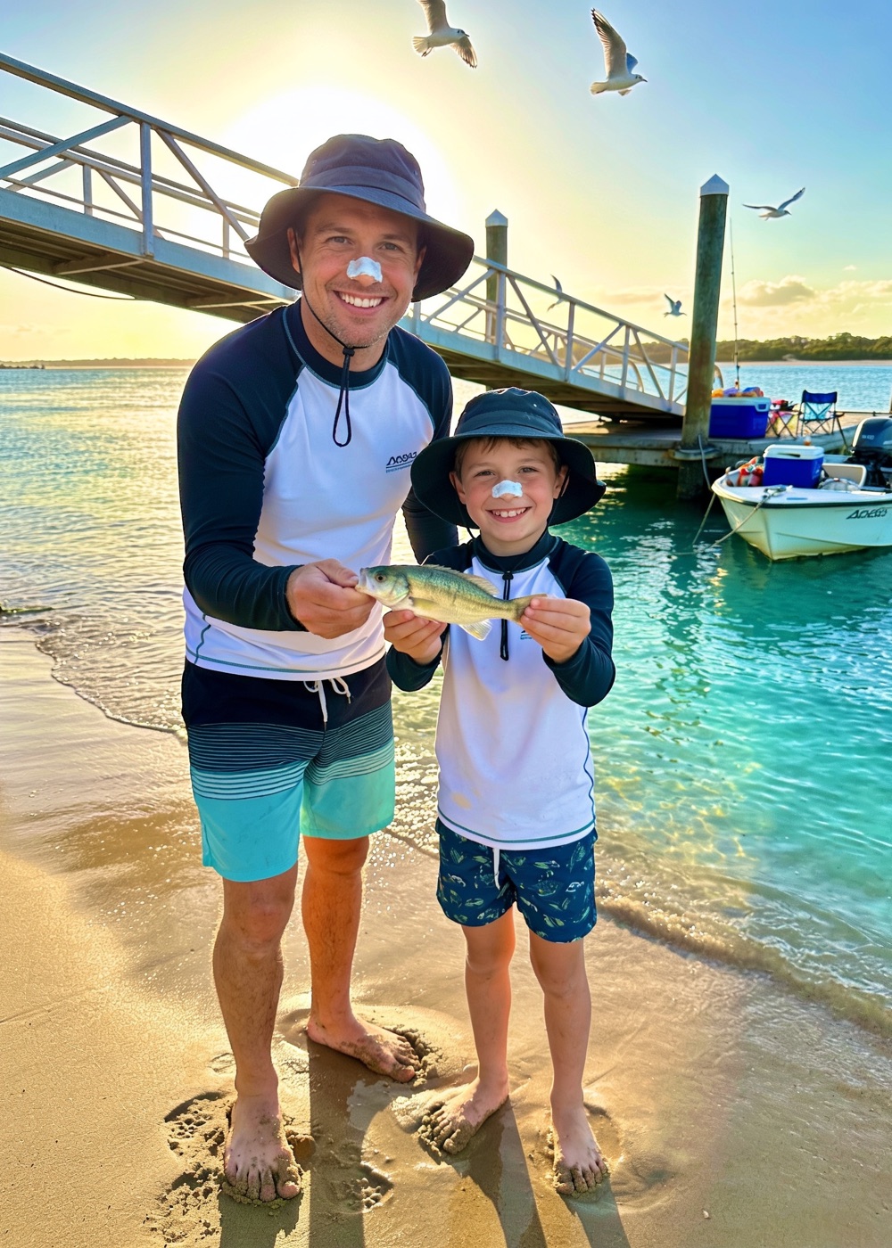 A parent and child on a warm Australian beach, both in rashies and zinc, holding a modest catch