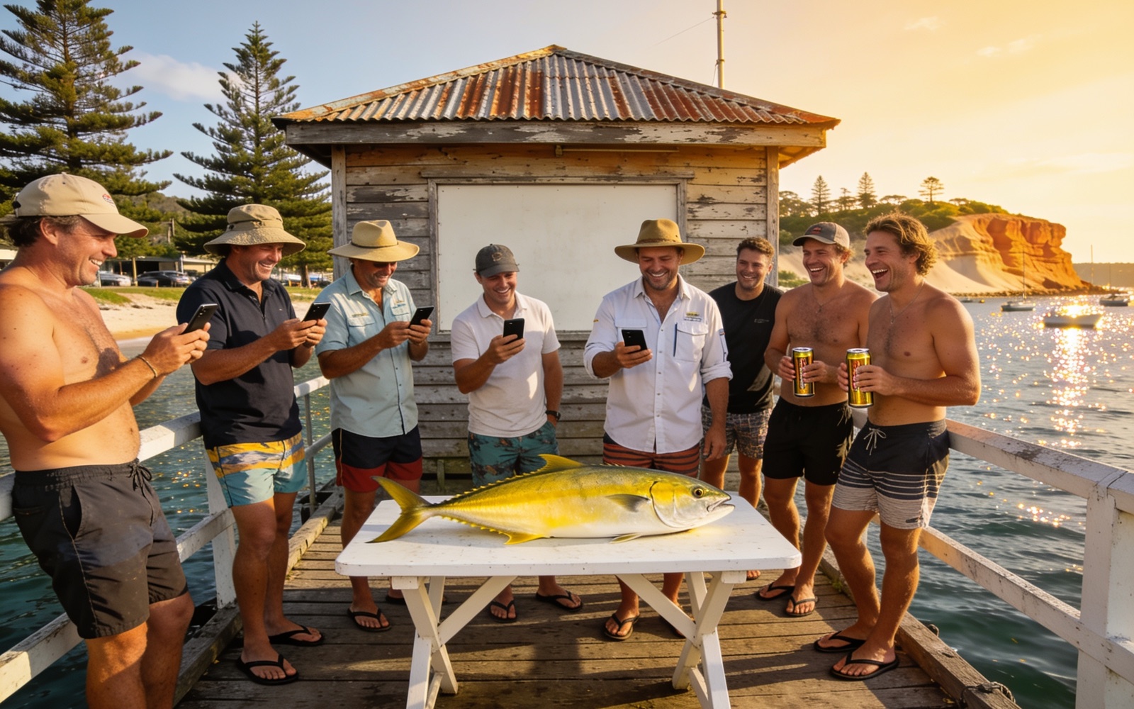 Anglers on a wooden jetty crowding around a prize kingfish, some voting on their phones in late-afternoon sun