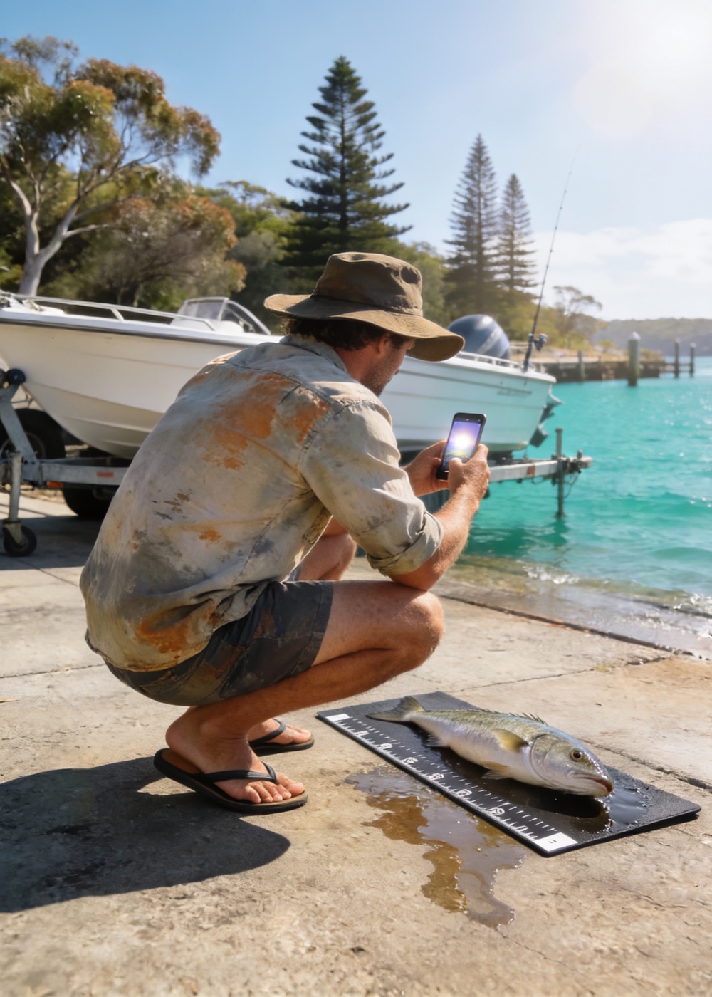 An angler on a sunny Australian boat ramp photographing a fish on a measuring mat with a phone