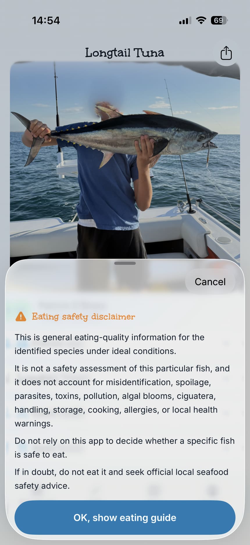 Eating safety disclaimer covering ciguatera and poisonous fish in Australia