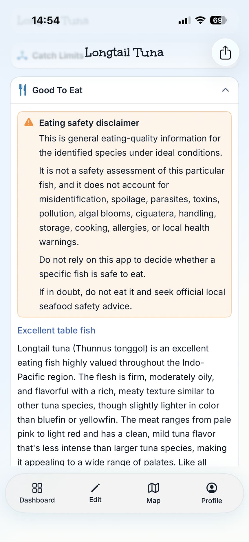 Species eating guide for Longtail Tuna with chef hat rating, prep notes and an eating safety disclaimer