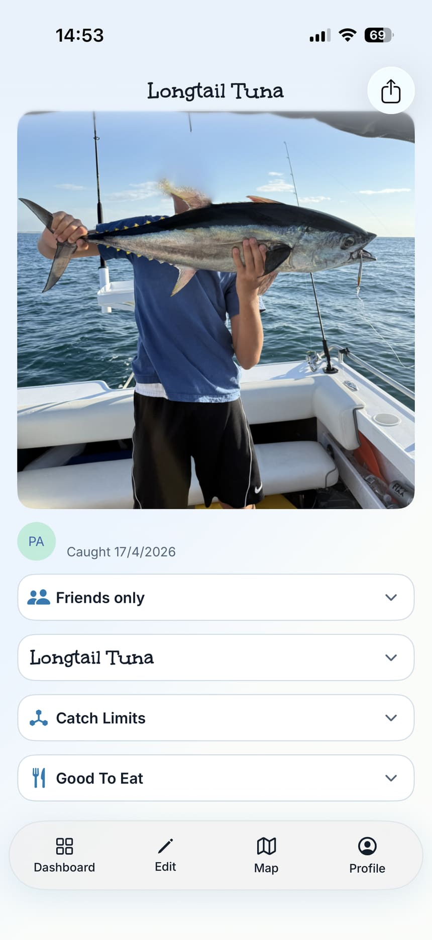 Catch log for a Longtail Tuna, with Good To Eat after identifying the fish from a photo