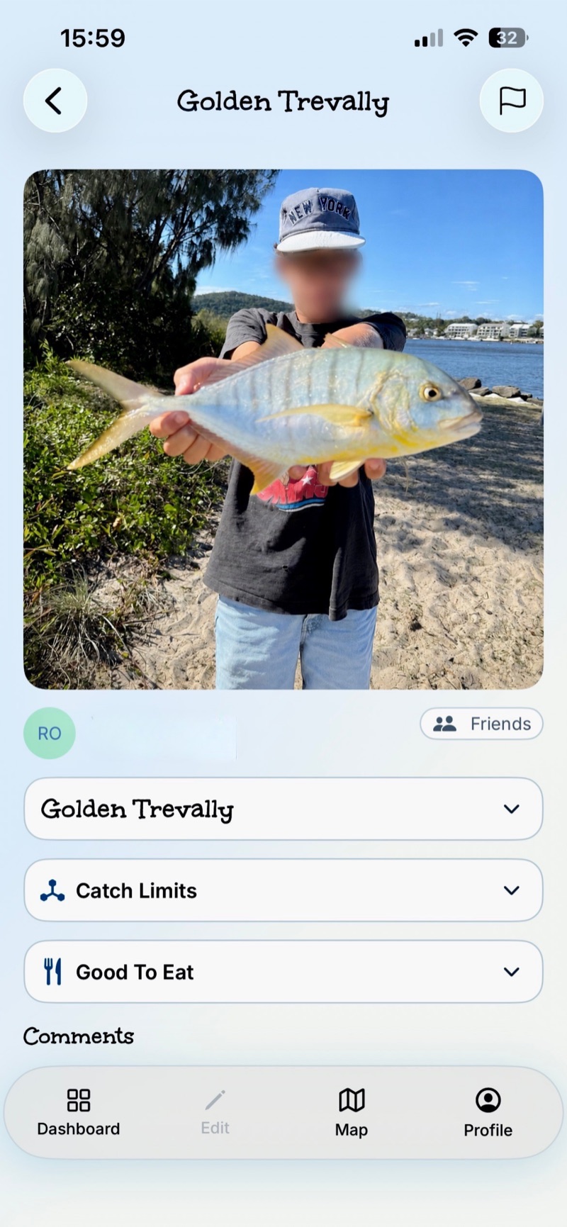 On The Fish app showing a Golden Trevally catch, with identification, catch limits, and comments