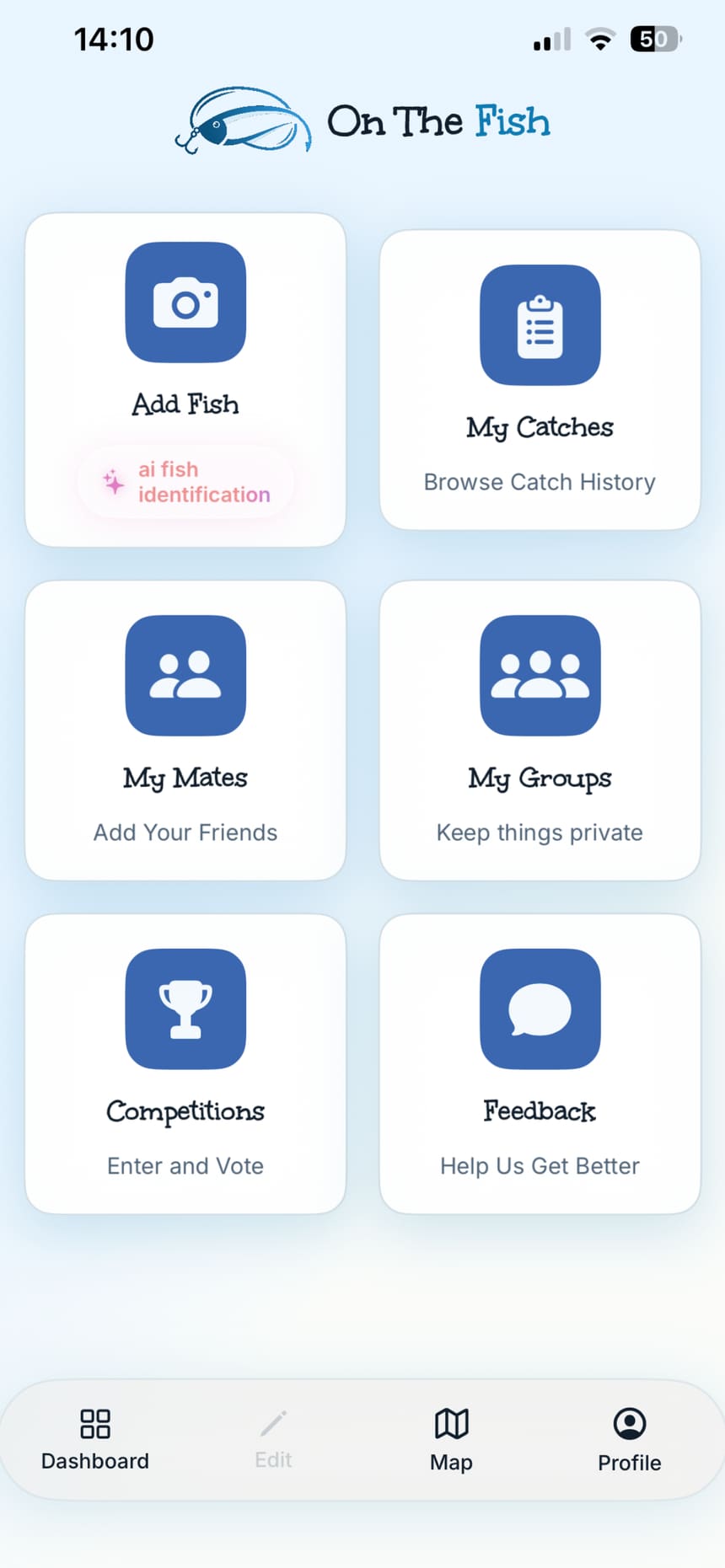On The Fish app dashboard showing Add Fish, My Catches, My Mates, and Competitions