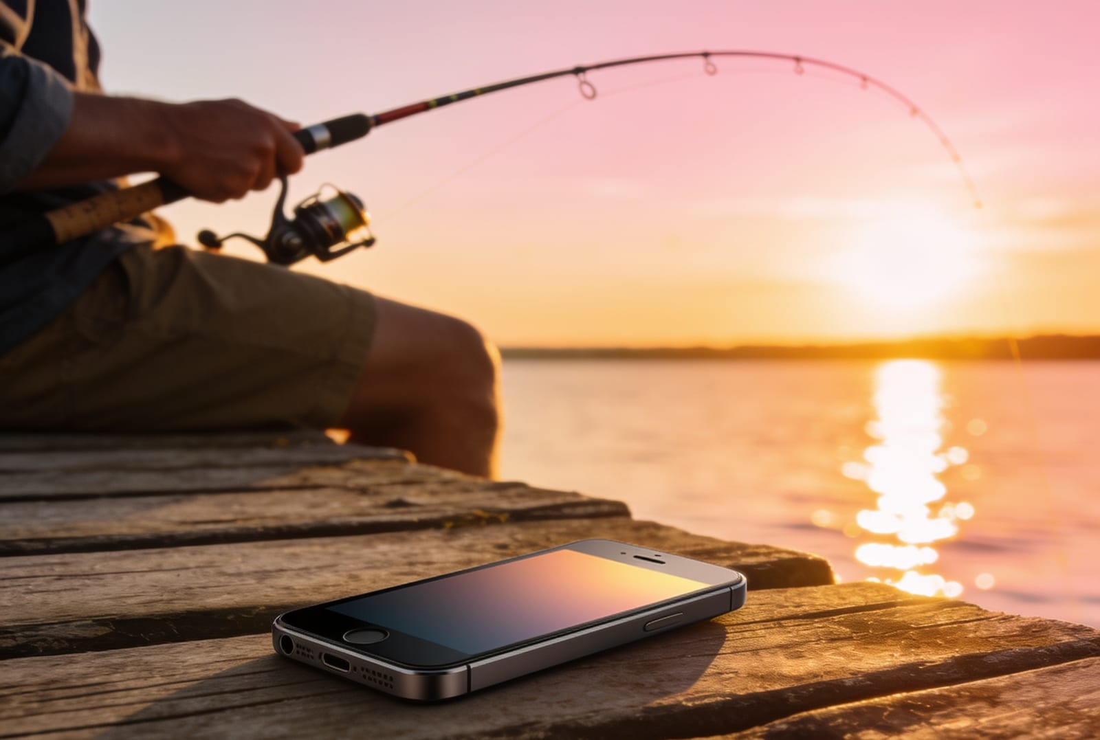A phone on a wooden jetty at sunset, with someone fishing in the background